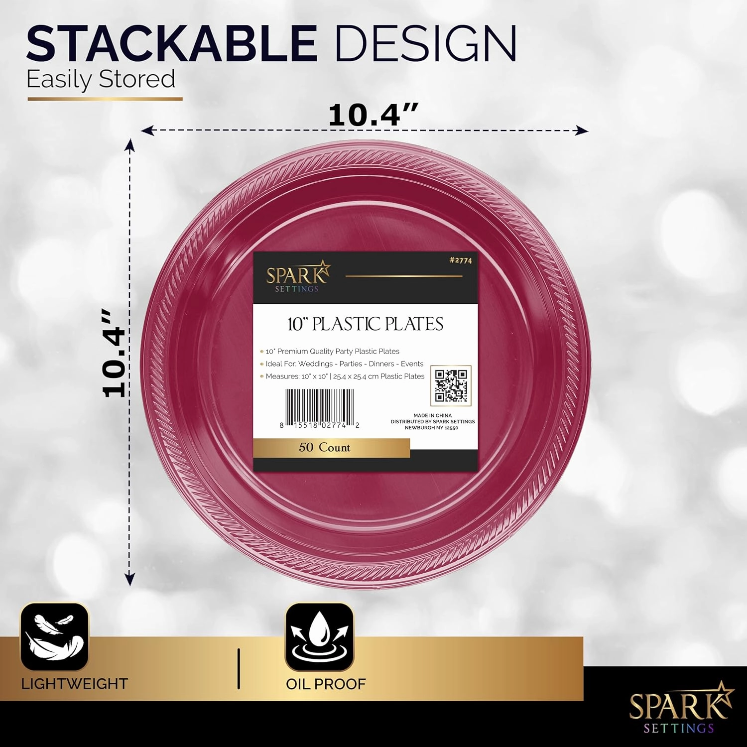 Burgundy Plastic Dinner Plates, 10.4 Inches, Strong & Sturdy for Parties, Dinners, Holidays, Picnics, Travel - Pack of 50