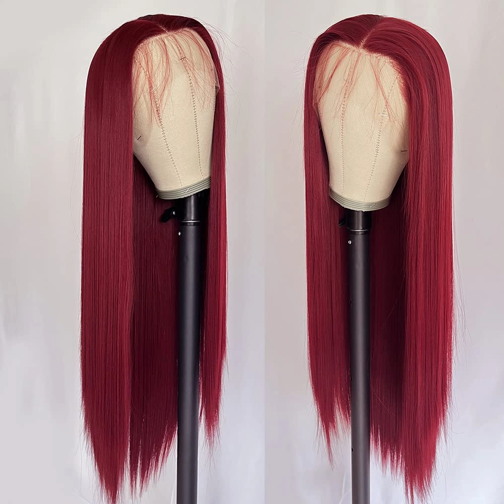 Burgundy Red Lace Front Wig Long Straight Synthetic Lace Front Wigs for Women Glueless 13x3 Lace Heat Resistant Fiber Hair Wig Natural Hairline Baby Hair