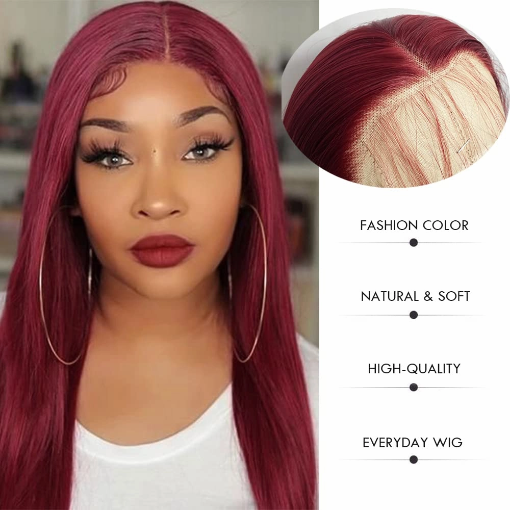 Burgundy Red Lace Front Wig Long Straight Synthetic Lace Front Wigs for Women Glueless 13x3 Lace Heat Resistant Fiber Hair Wig Natural Hairline Baby Hair
