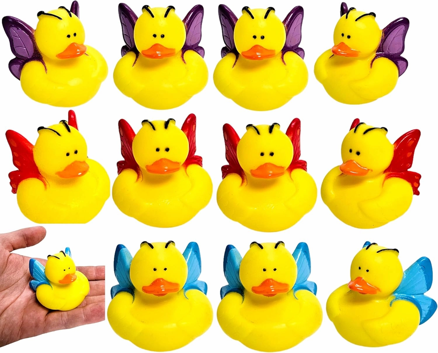 Butterfly Green, Blue, Red & Purple Novelty Rubber Ducks (12 Pack) Quirky & Fun Carnival Game PRIZES. Bath Tub Toys and Jeep Duck Ducking.