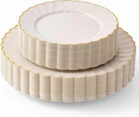 By Madee PREMIUM 60 Pc Ivory Scalloped Plastic Plates with Gold Trim – 30 Dinner & 30 Dessert Nice Plastic Plates for Party – Disposable & Elegant for Wedding, Showers, Special Moments (30 Guests)