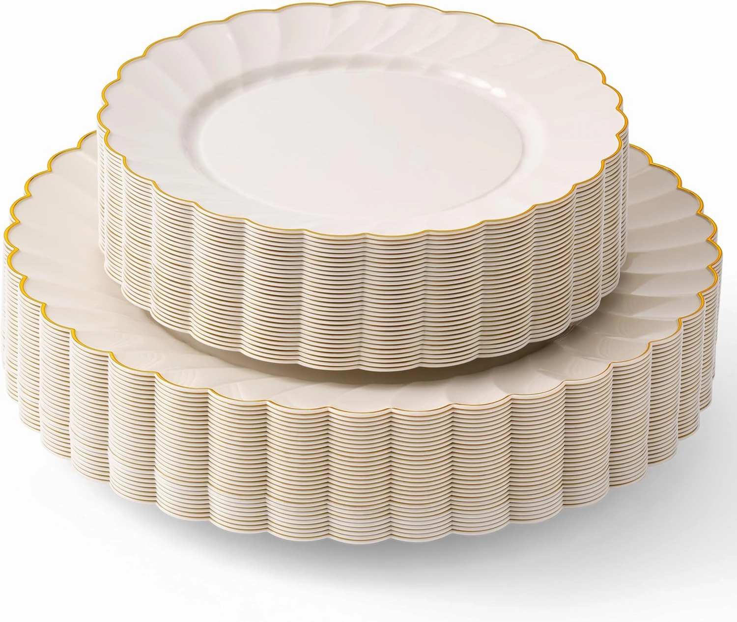 By Madee PREMIUM 60 Pc Ivory Scalloped Plastic Plates with Gold Trim – 30 Dinner & 30 Dessert Nice Plastic Plates for Party – Disposable & Elegant for Wedding, Showers, Special Moments (30 Guests)