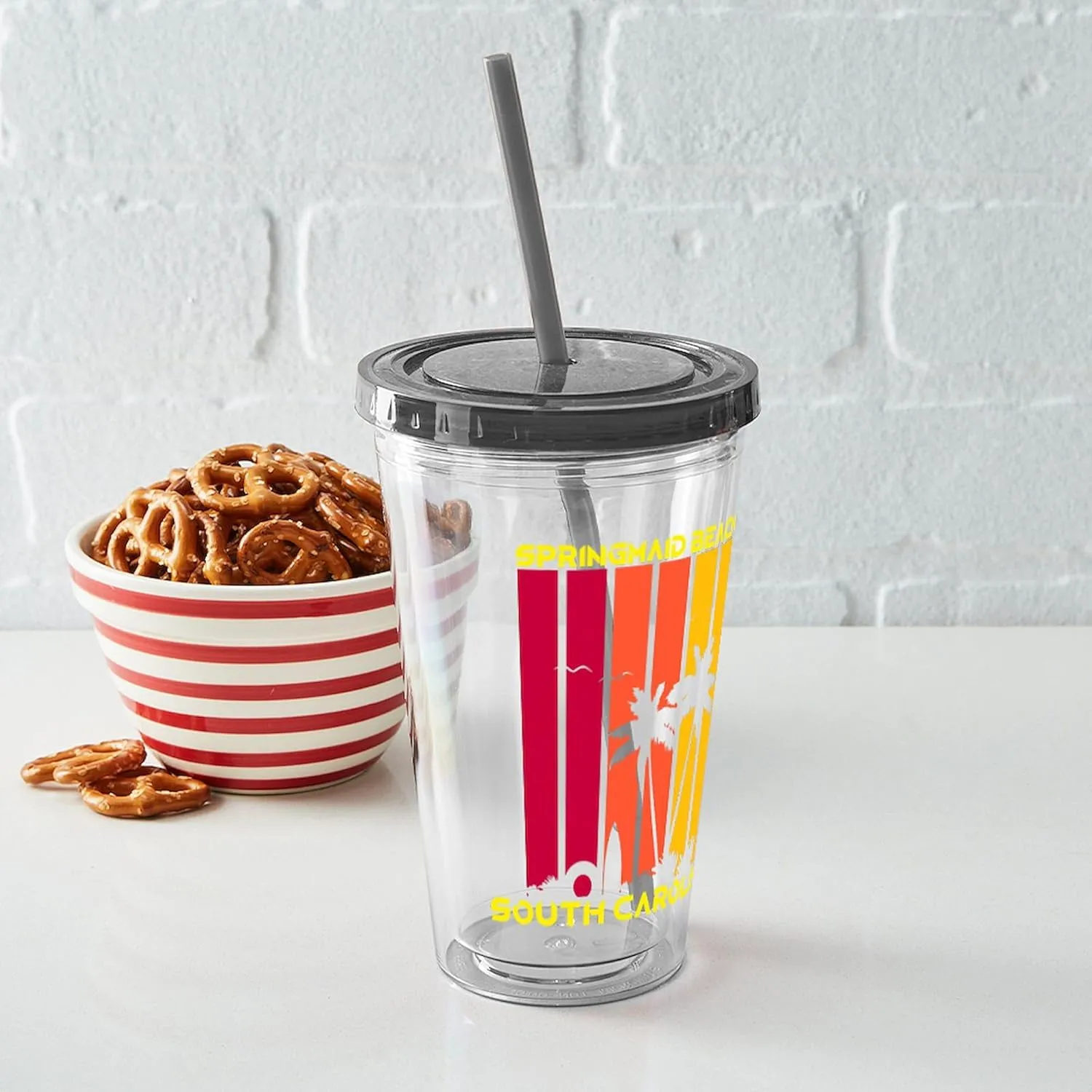 CafePress South Carolina Springmaid Beach 16 oz Insulated Straw Tumbler with Lid