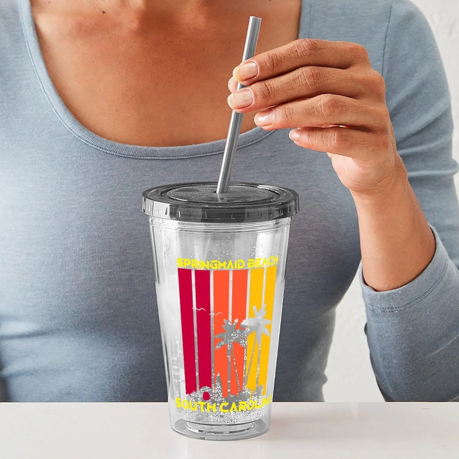 CafePress South Carolina Springmaid Beach 16 oz Insulated Straw Tumbler with Lid