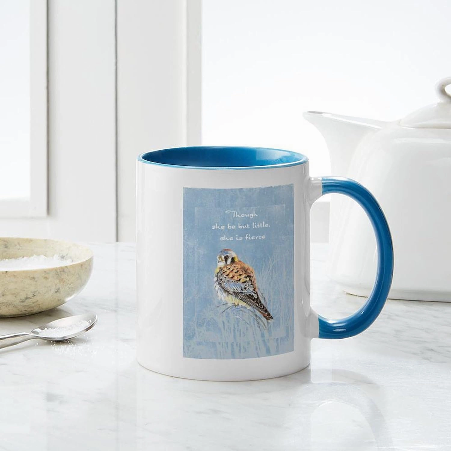 CafePress Little But Fierce Quote Kestrel Watercolor Falcon 11 oz (325 ml) Ceramic Coffee Mug