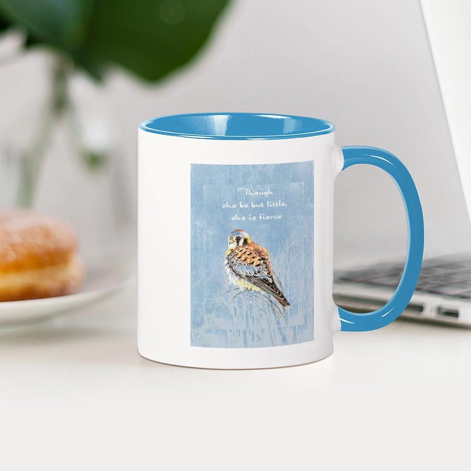 CafePress Little But Fierce Quote Kestrel Watercolor Falcon 11 oz (325 ml) Ceramic Coffee Mug