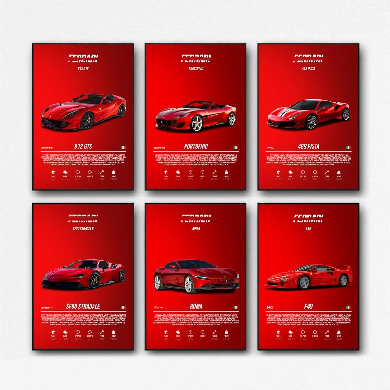 Car Poster Ferrar Posters Classic Racing Car Aesthetic Wall Art Decor For Boys Room Bedroom Living Room (8x12 inch Set of 6)
