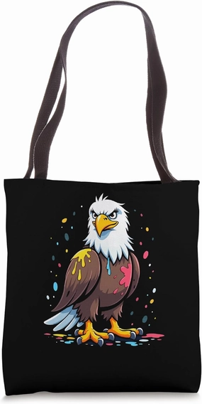Cartoon Bald Eagle with Paint Splashes and Serious Look Tote Bag