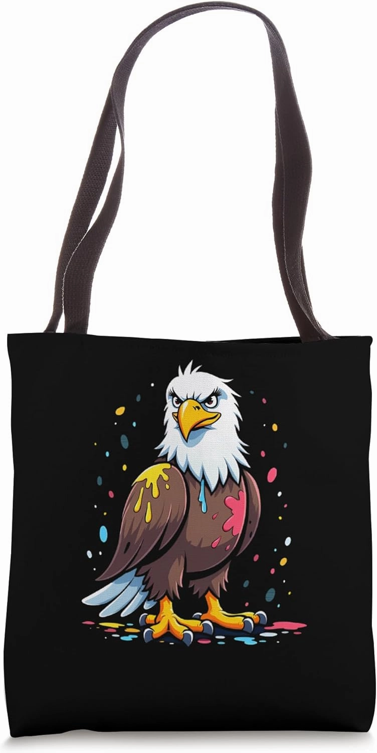 Cartoon Bald Eagle with Paint Splashes and Serious Look Tote Bag