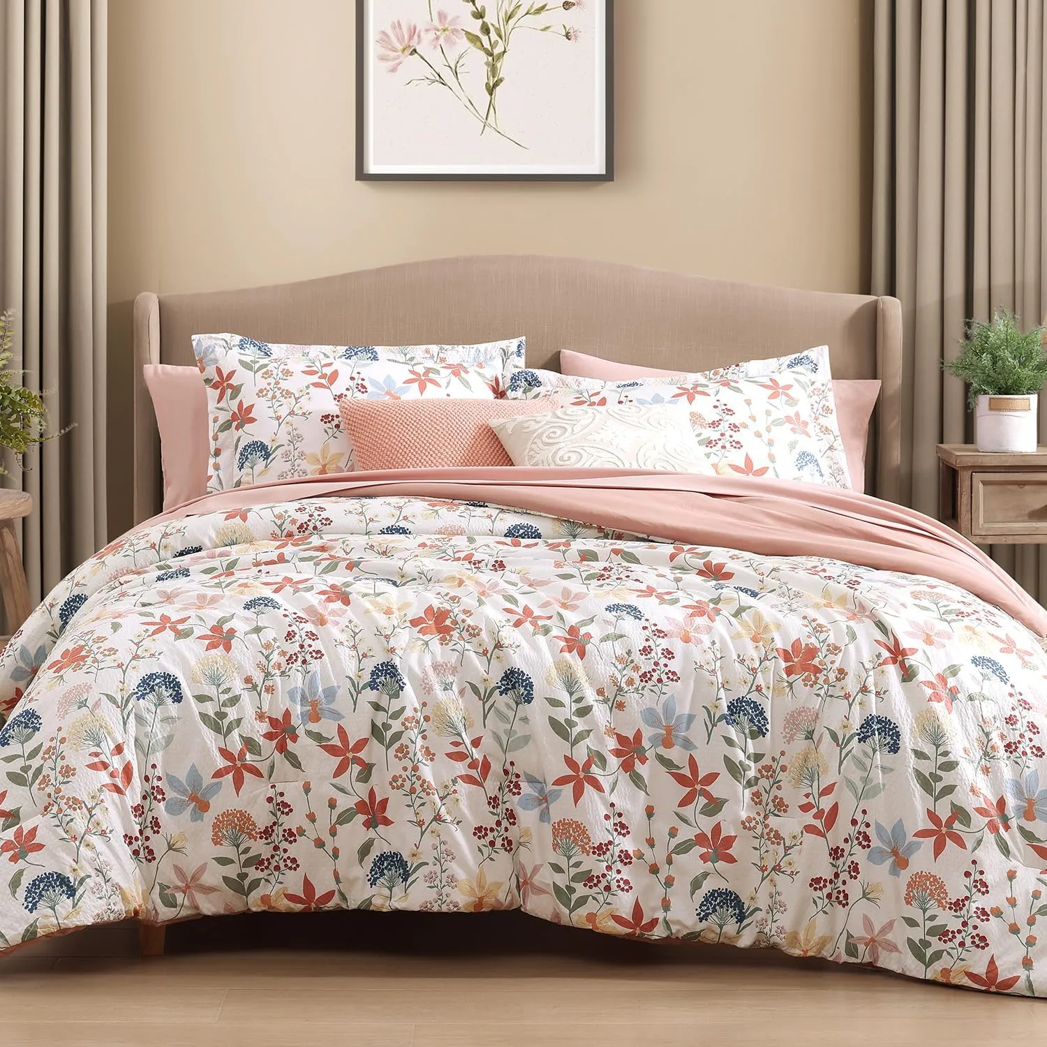CASAAGUSTO Queen Comforter Set, 7 PCS Clay Pink Floral Comforter Set with Flowers Leaves Pattern, Soft Seersucker Design All Season Queen Size Bedding Set(90"X90")