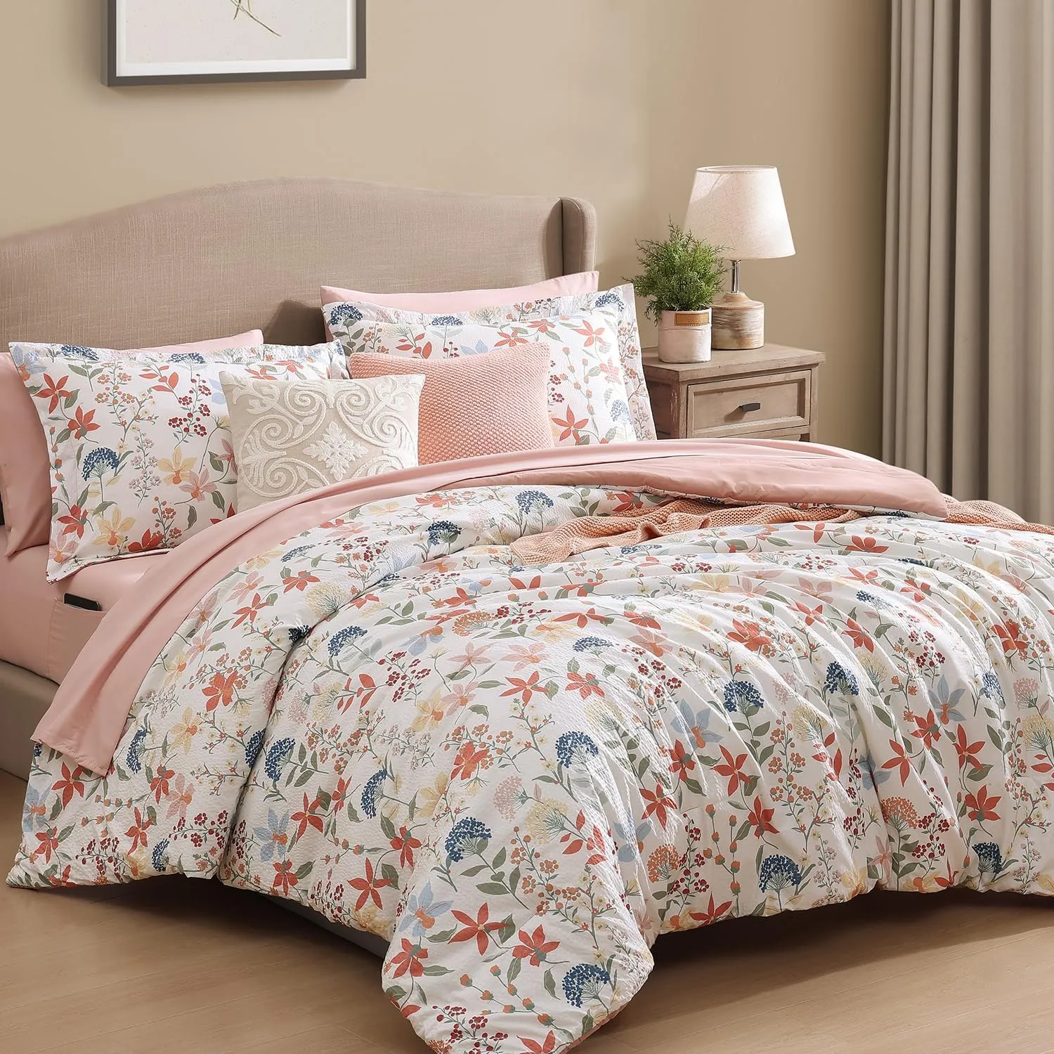 CASAAGUSTO Queen Comforter Set, 7 PCS Clay Pink Floral Comforter Set with Flowers Leaves Pattern, Soft Seersucker Design All Season Queen Size Bedding Set(90"X90")