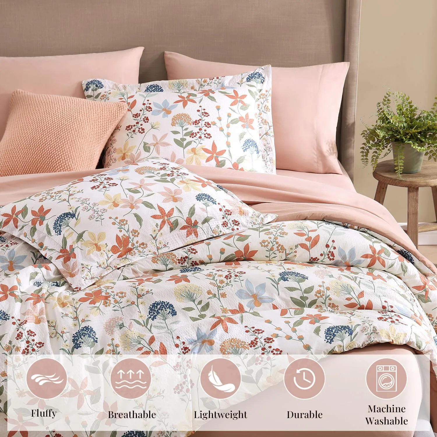 CASAAGUSTO Queen Comforter Set, 7 PCS Clay Pink Floral Comforter Set with Flowers Leaves Pattern, Soft Seersucker Design All Season Queen Size Bedding Set(90"X90")