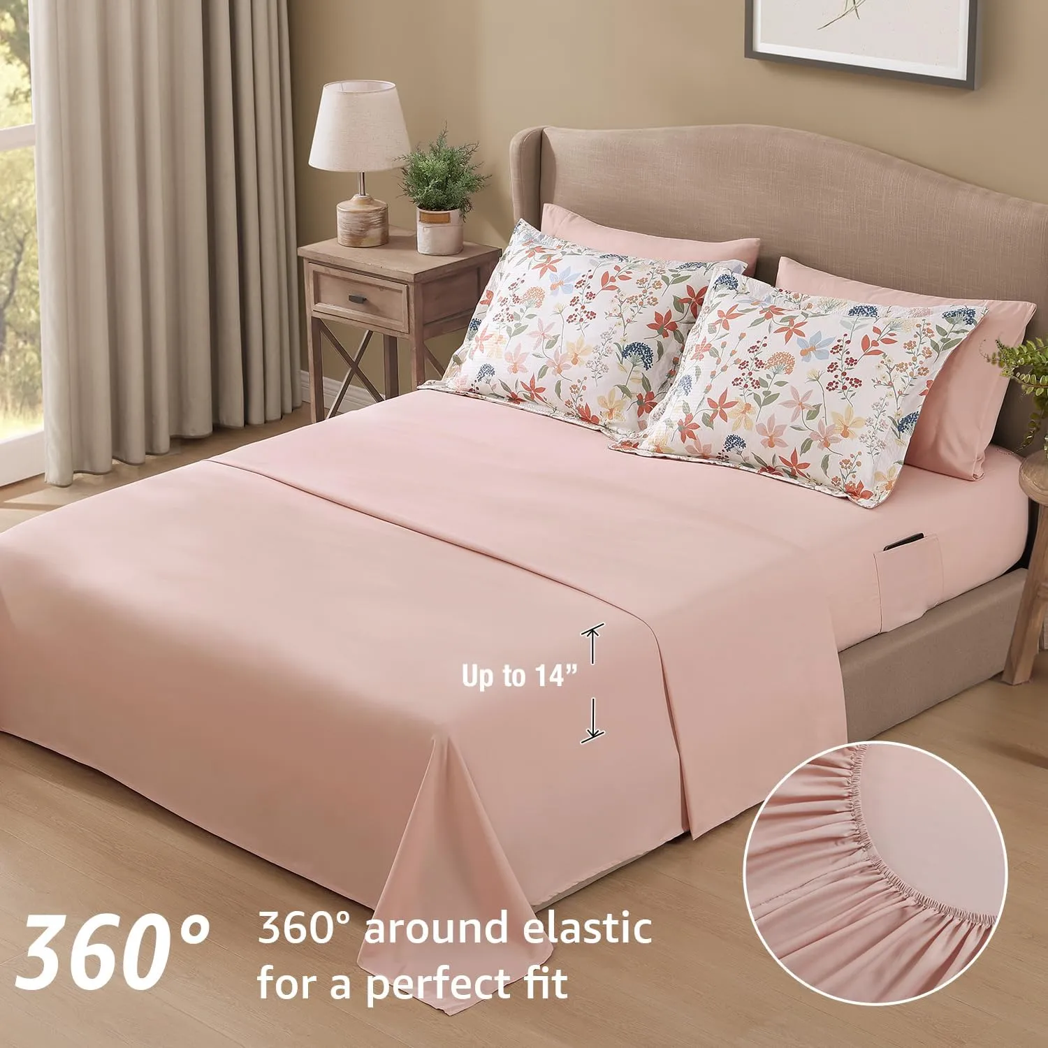 CASAAGUSTO Queen Comforter Set, 7 PCS Clay Pink Floral Comforter Set with Flowers Leaves Pattern, Soft Seersucker Design All Season Queen Size Bedding Set(90"X90")