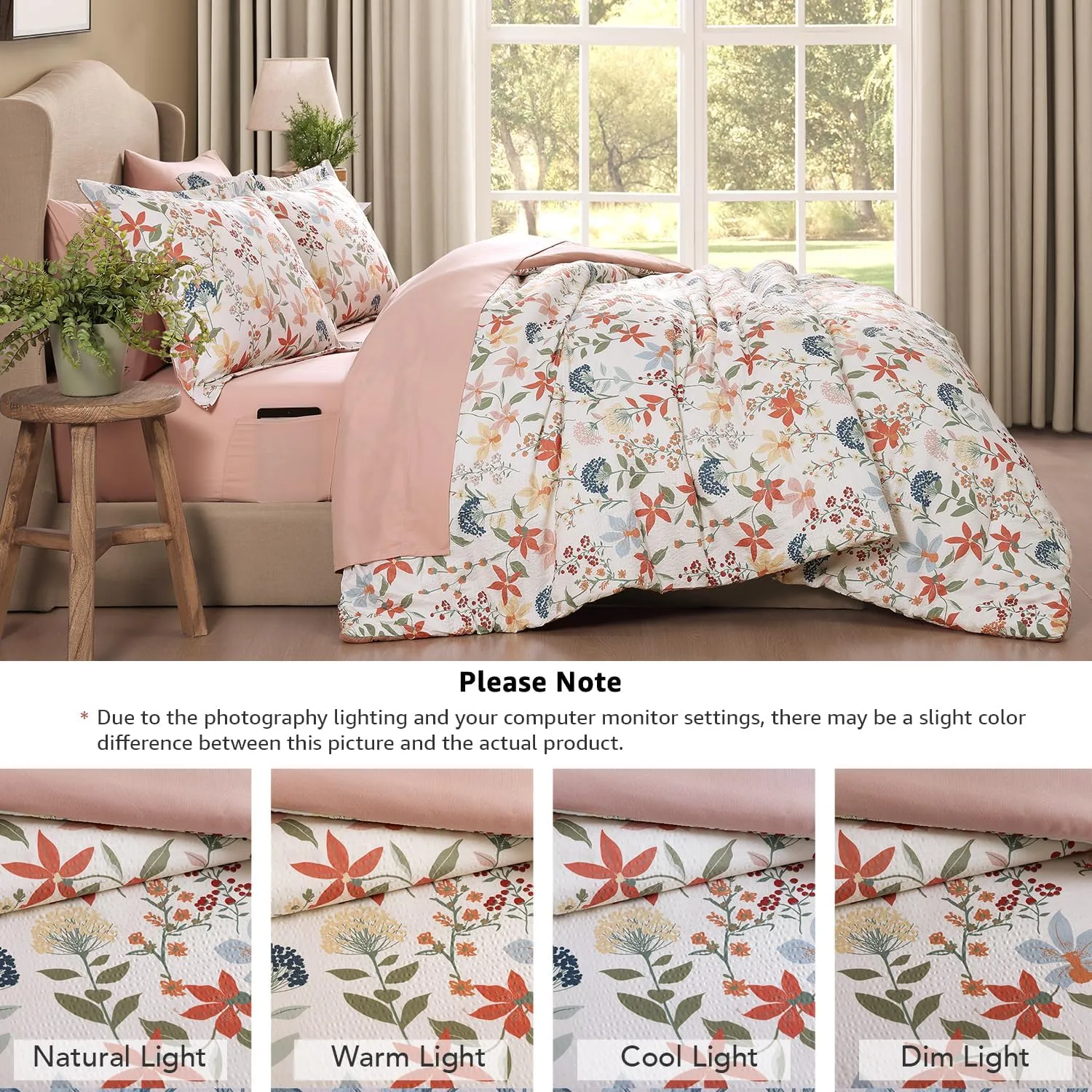 CASAAGUSTO Queen Comforter Set, 7 PCS Clay Pink Floral Comforter Set with Flowers Leaves Pattern, Soft Seersucker Design All Season Queen Size Bedding Set(90"X90")