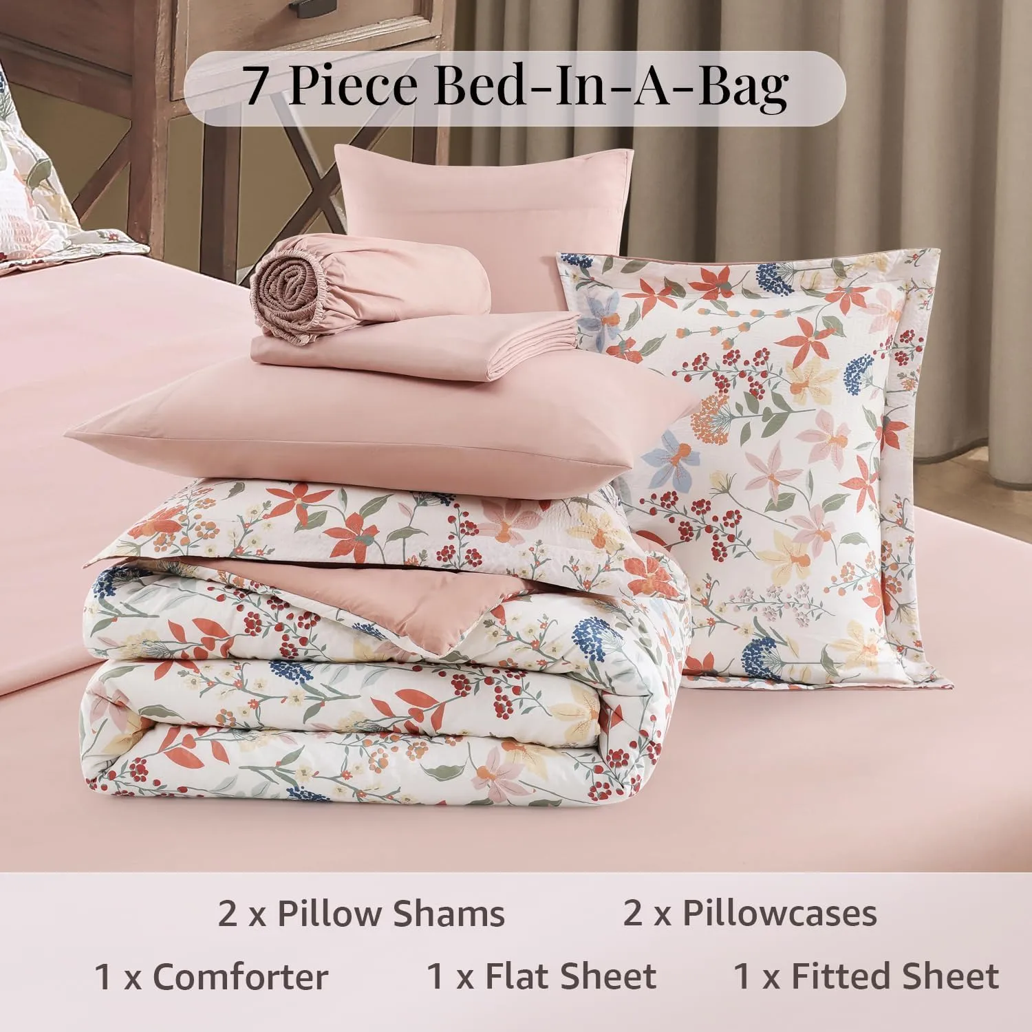 CASAAGUSTO Queen Comforter Set, 7 PCS Clay Pink Floral Comforter Set with Flowers Leaves Pattern, Soft Seersucker Design All Season Queen Size Bedding Set(90"X90")