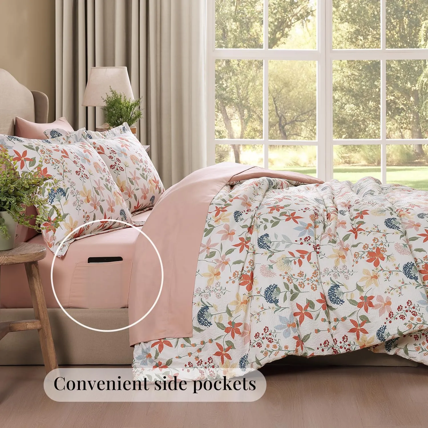 CASAAGUSTO Queen Comforter Set, 7 PCS Clay Pink Floral Comforter Set with Flowers Leaves Pattern, Soft Seersucker Design All Season Queen Size Bedding Set(90"X90")