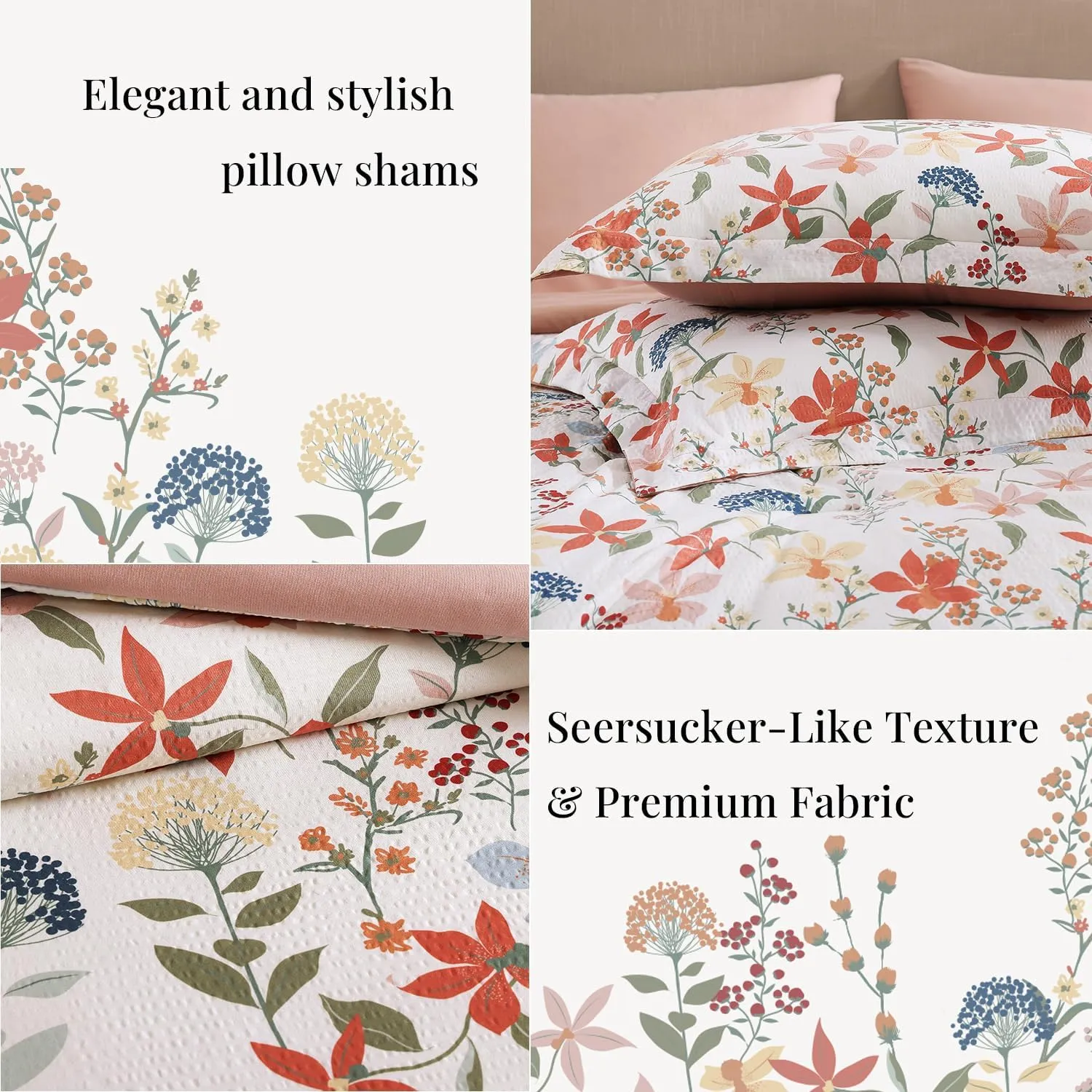 CASAAGUSTO Queen Comforter Set, 7 PCS Clay Pink Floral Comforter Set with Flowers Leaves Pattern, Soft Seersucker Design All Season Queen Size Bedding Set(90"X90")