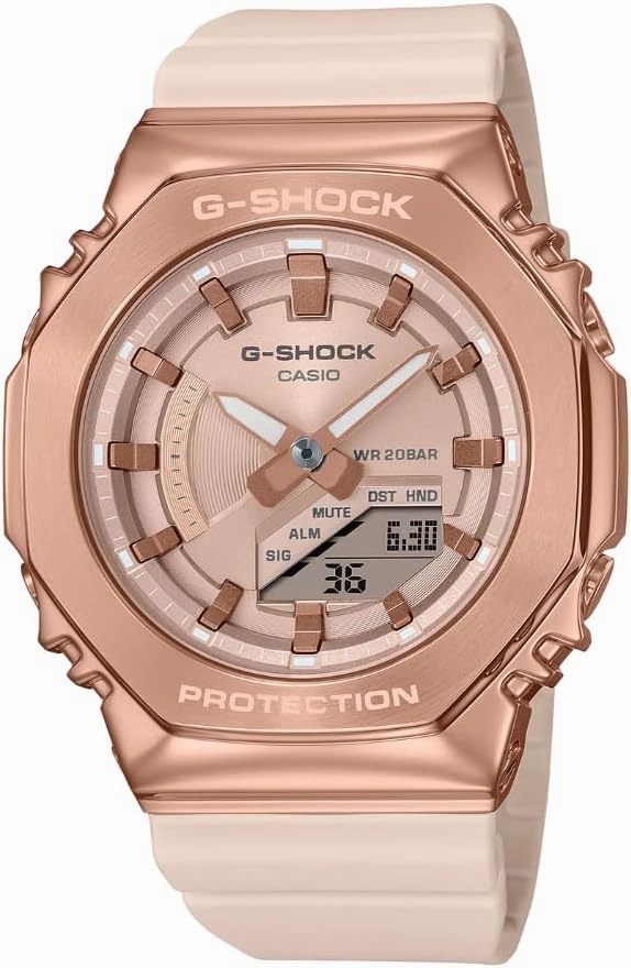 Casio GMS2100PG-4A | Women’s G-Shock Watch | Pink Gold Ion Plated | Shock Resistant | 200M WR | Super Illuminator LED | Compact Design