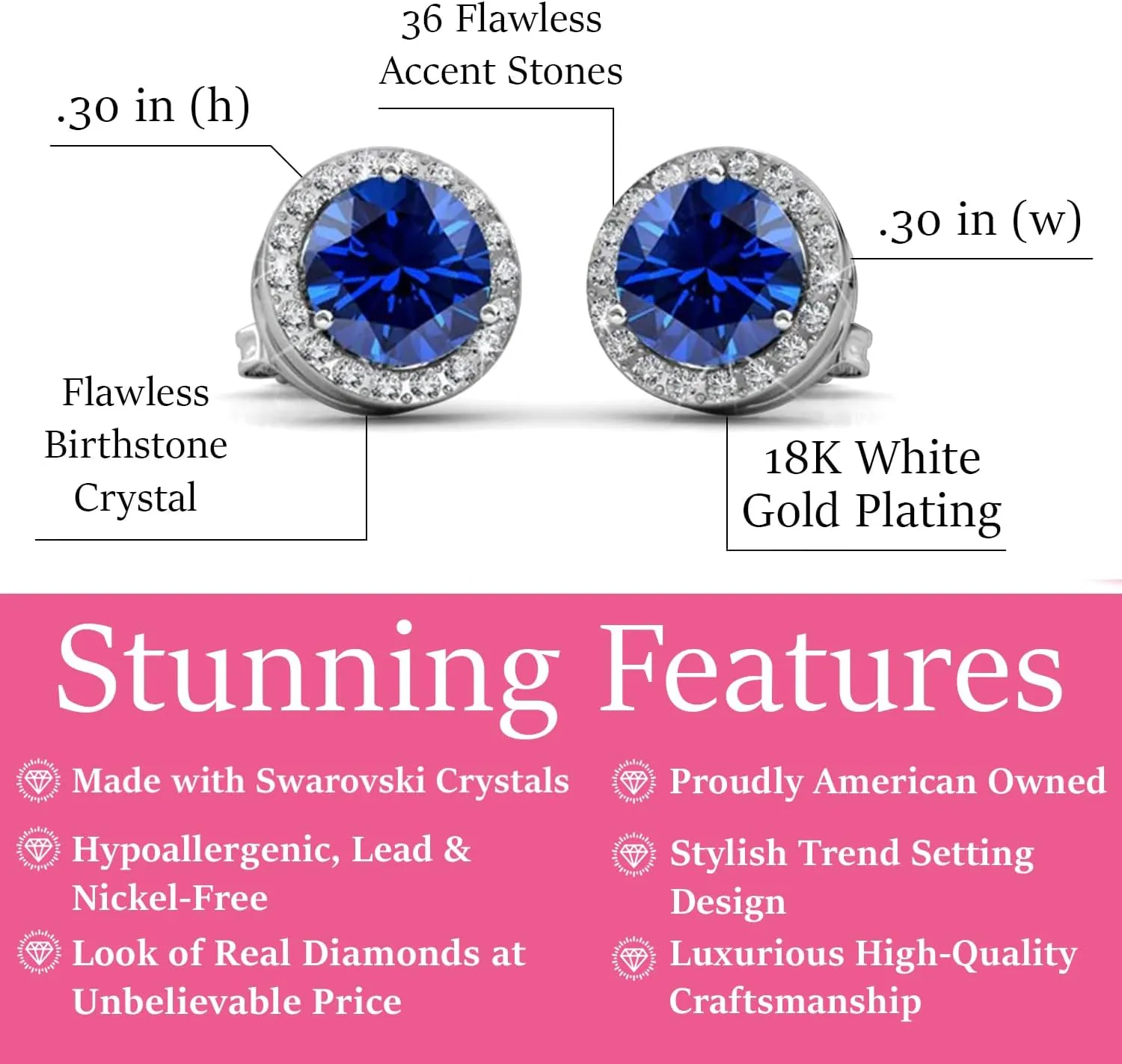 Cate & Chloe Royal 18k White Gold Birthstone Stud Earrings for Women, Round Cut Halo Sapphire Crystal Earrings, Jewelry for Women Ladies Girls, Anniversary Birthday Gift