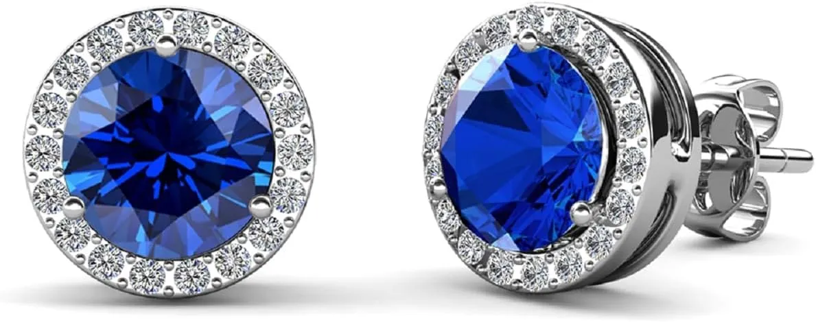 Cate & Chloe Royal 18k White Gold Birthstone Stud Earrings for Women, Round Cut Halo Sapphire Crystal Earrings, Jewelry for Women Ladies Girls, Anniversary Birthday Gift