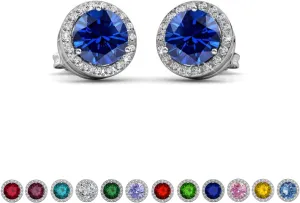 Cate & Chloe Royal 18k White Gold Birthstone Stud Earrings for Women, Round Cut Halo Sapphire Crystal Earrings, Jewelry for Women Ladies Girls, Anniversary Birthday Gift