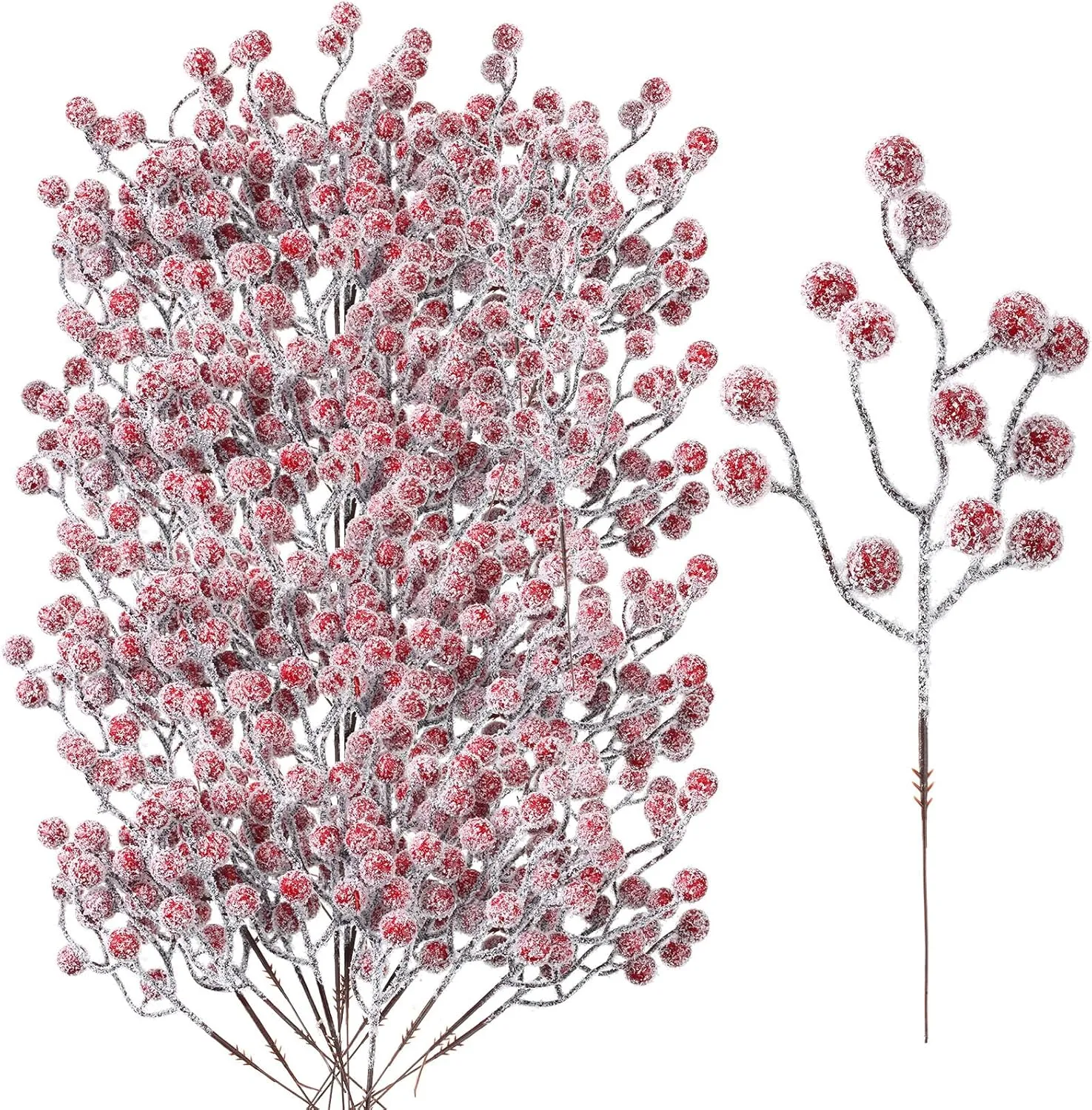 Ceenna 100 Pcs Artificial Red Berry Picks Christmas Frosted Berry Stems Snow Tipped Berry Branches Red Berry Picks for Garland Xmas Tree Craft Table Centerpiece Home Decor