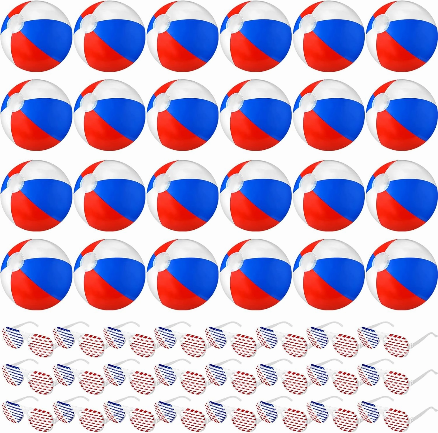 Ceenna 48 Pcs 12 Inch 4th of July Inflatable Patriotic Beach Balls American Flag Shutter Glasses Shades Blow up Swimming Pool Balls USA Plastic Sunglasses for Labor Day Memorial Day Party Favors