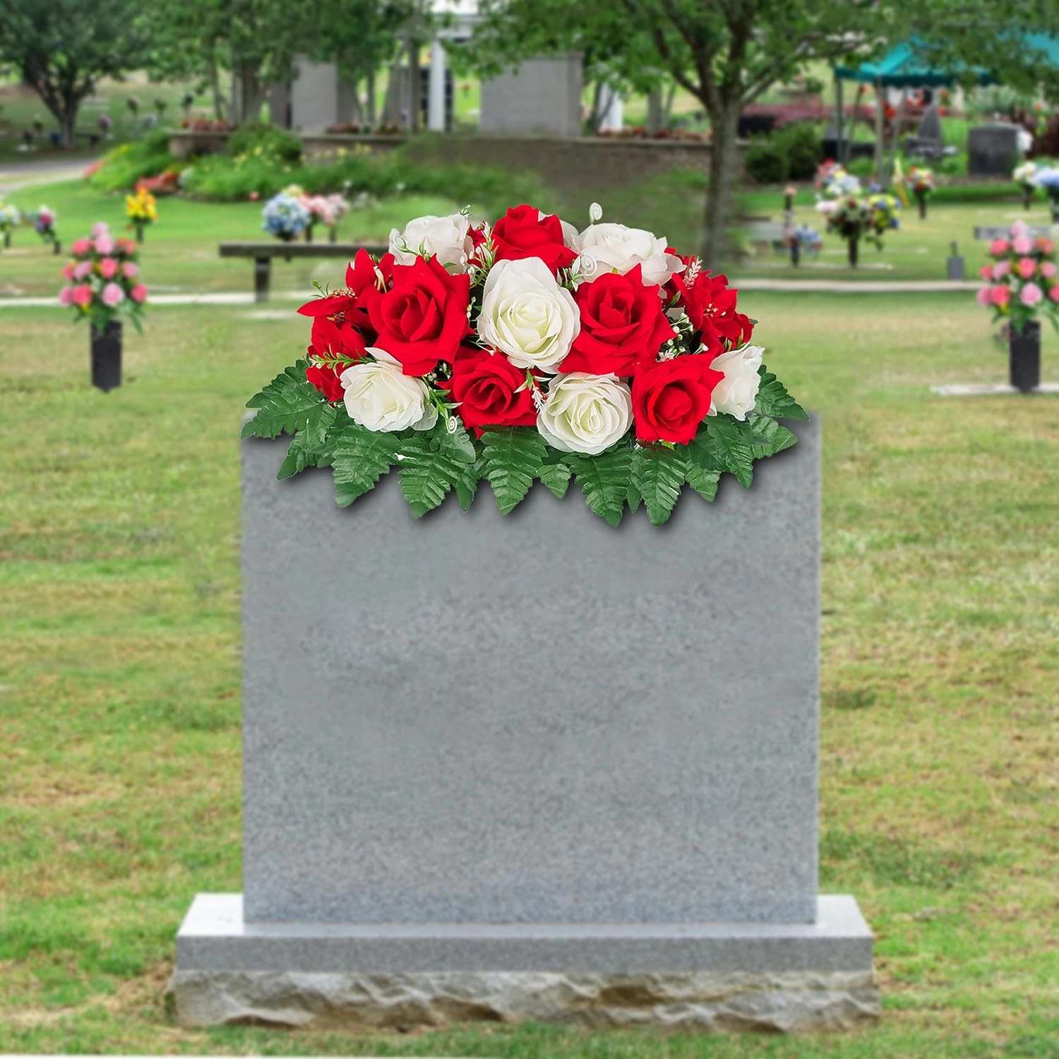 Cemetery Flowers Saddle- Grave Decorations，Non-Bleed Colors and not Afraid of Strong Winds (Red White…