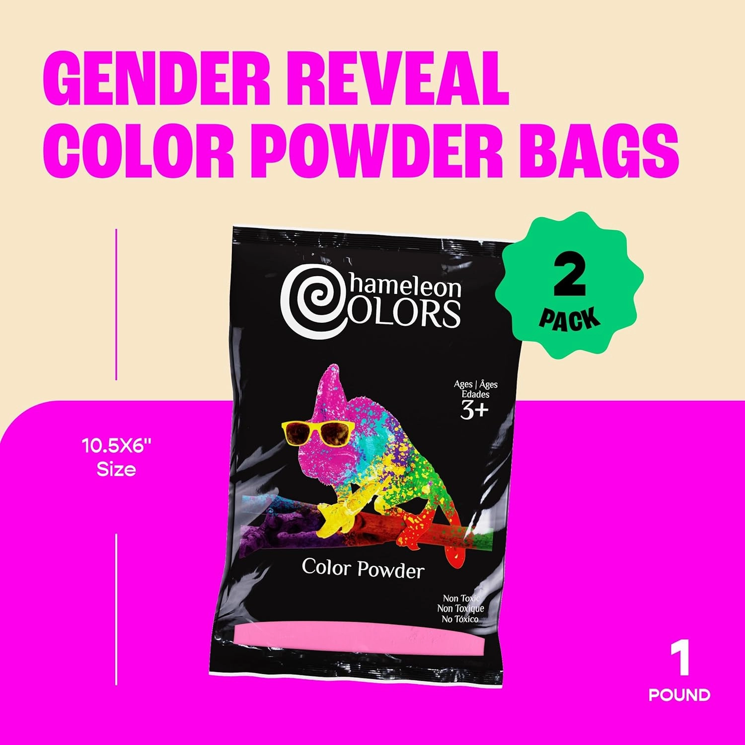 Chameleon Colors Pink Gender Reveal Powder - Two 1 lb Bags - Vibrant Pink Color - Powder for Baby Girl Gender Reveal - Easy-Open Bags - Easy Cleanup - Non-Toxic