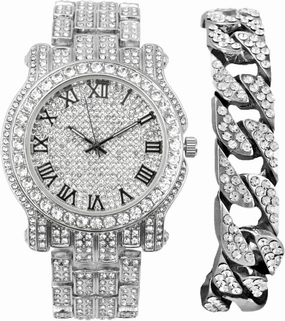 Charles Raymond Bling-ed Out Ultimate Hip Hop Royalty Mens Watch w/Easy Reader Roman Numeral or Iced Out Diamond Time Indicators - Bright Colored Dials - L0504