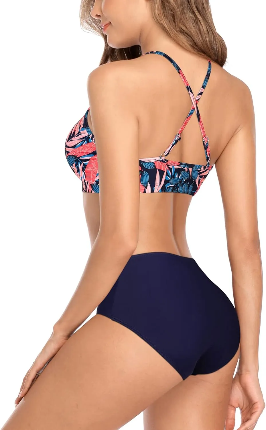 CharmLeaks Women's High Waisted Bikini Sets Sporty Two Piece Swimsuit Tummy Control Bathing Suit with Pockets