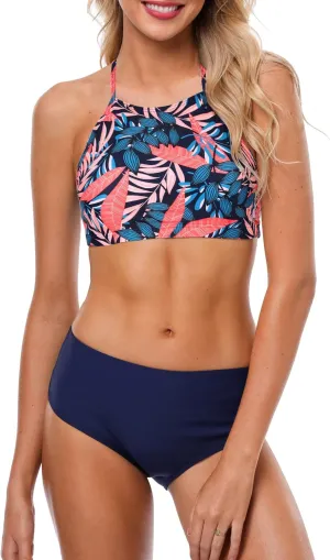CharmLeaks Women's High Waisted Bikini Sets Sporty Two Piece Swimsuit Tummy Control Bathing Suit with Pockets