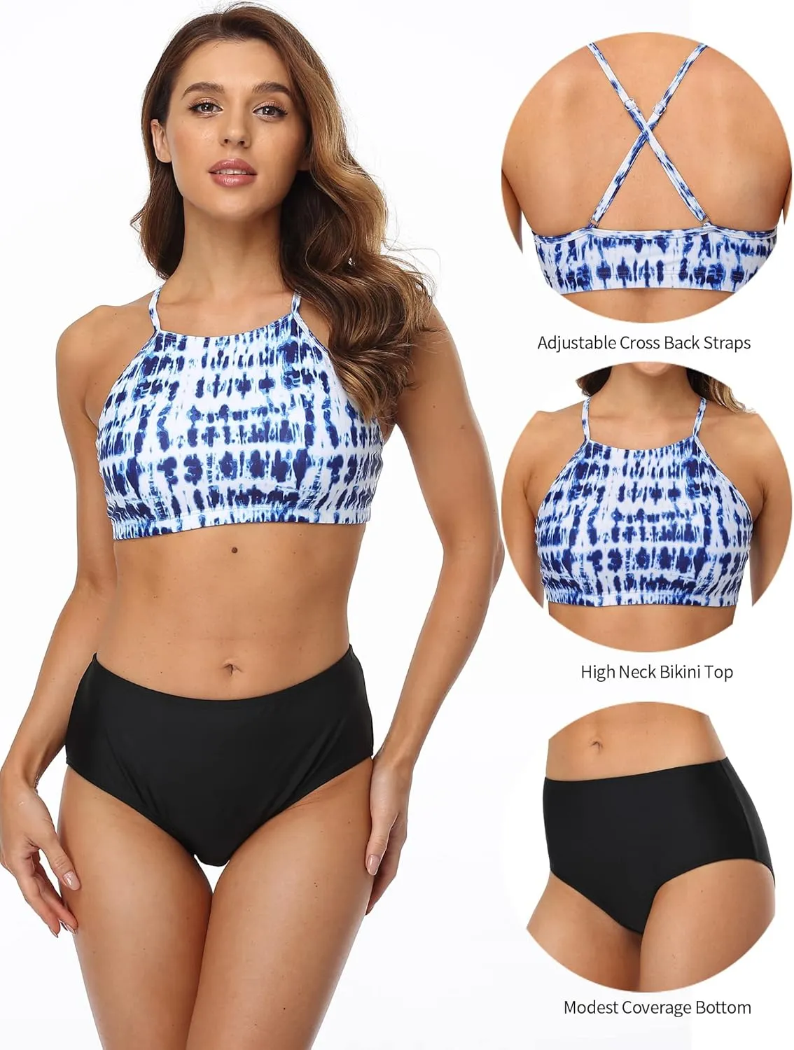 CharmLeaks Women's High Waisted Bikini Sets Sporty Two Piece Swimsuit Tummy Control Bathing Suit with Pockets