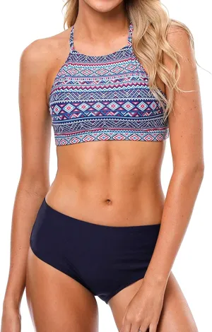 CharmLeaks Women's High Waisted Bikini Sets Sporty Two Piece Swimsuit Tummy Control Bathing Suit with Pockets