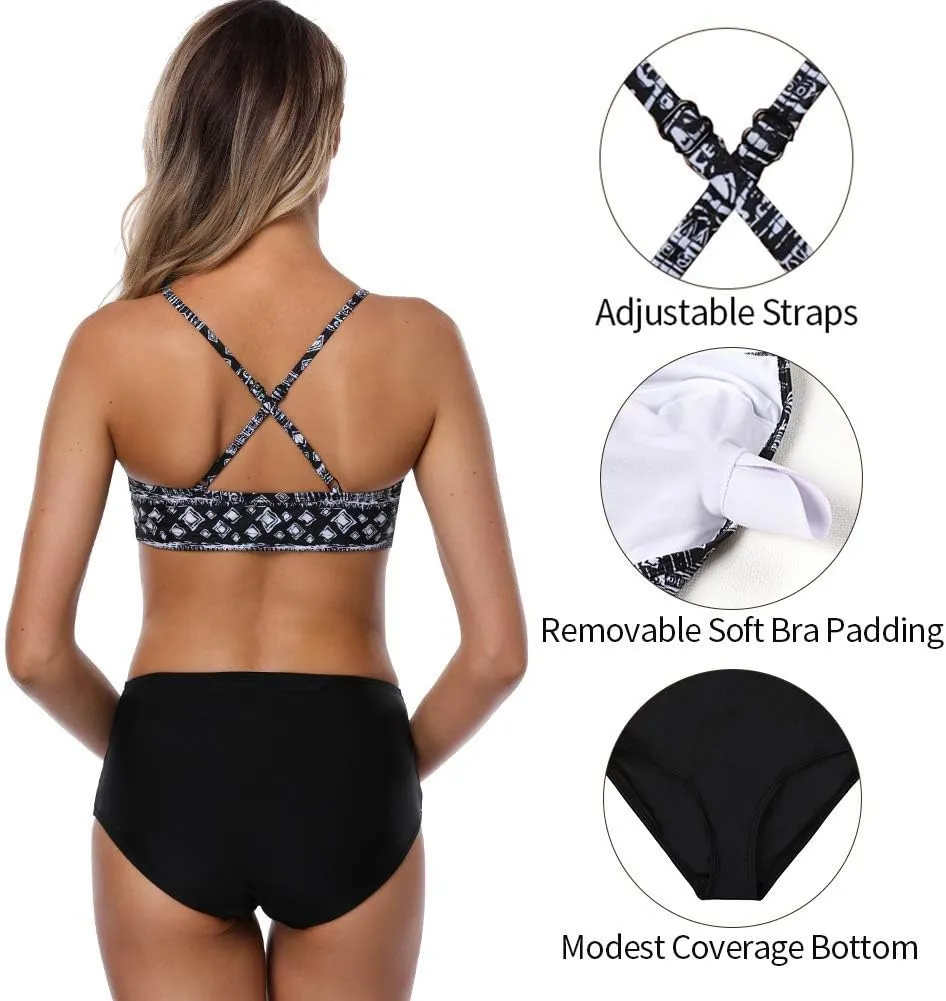 CharmLeaks Women's High Waisted Bikini Sets Sporty Two Piece Swimsuit Tummy Control Bathing Suit with Pockets