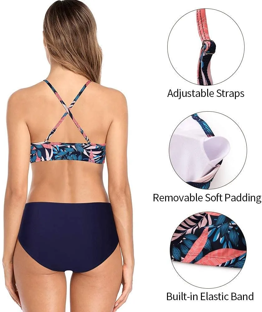 CharmLeaks Women's High Waisted Bikini Sets Sporty Two Piece Swimsuit Tummy Control Bathing Suit with Pockets