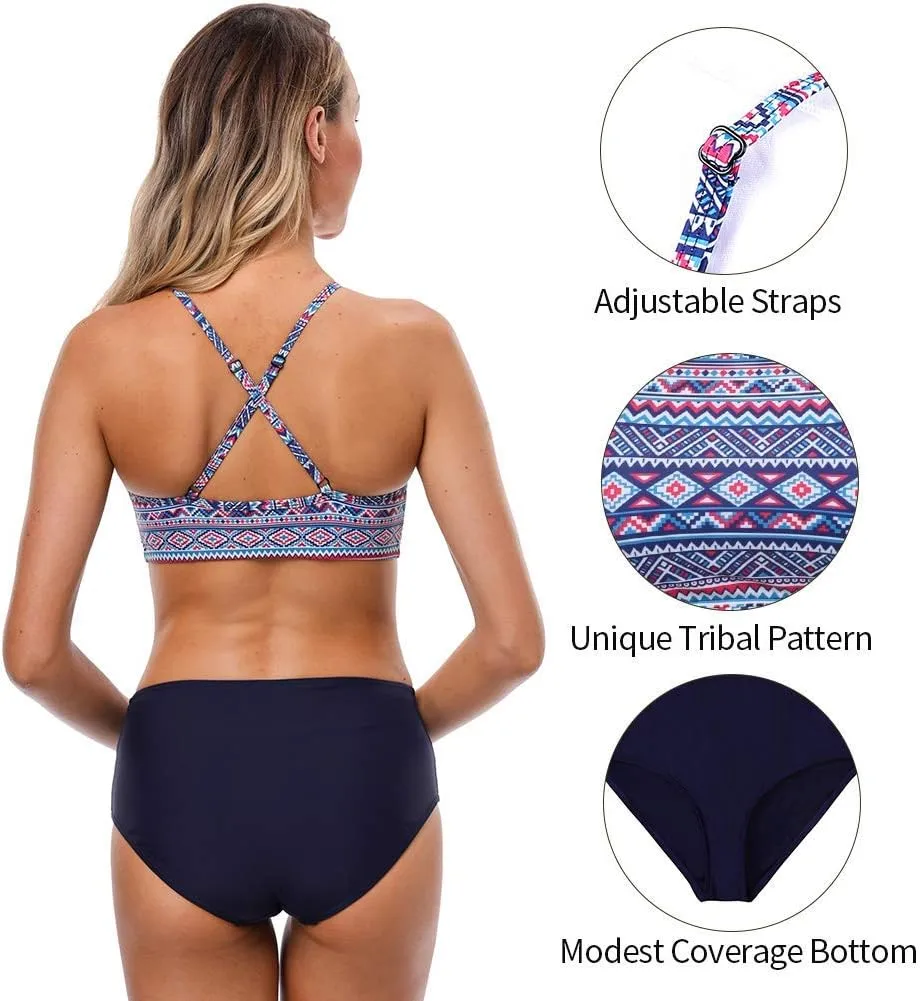 CharmLeaks Women's High Waisted Bikini Sets Sporty Two Piece Swimsuit Tummy Control Bathing Suit with Pockets
