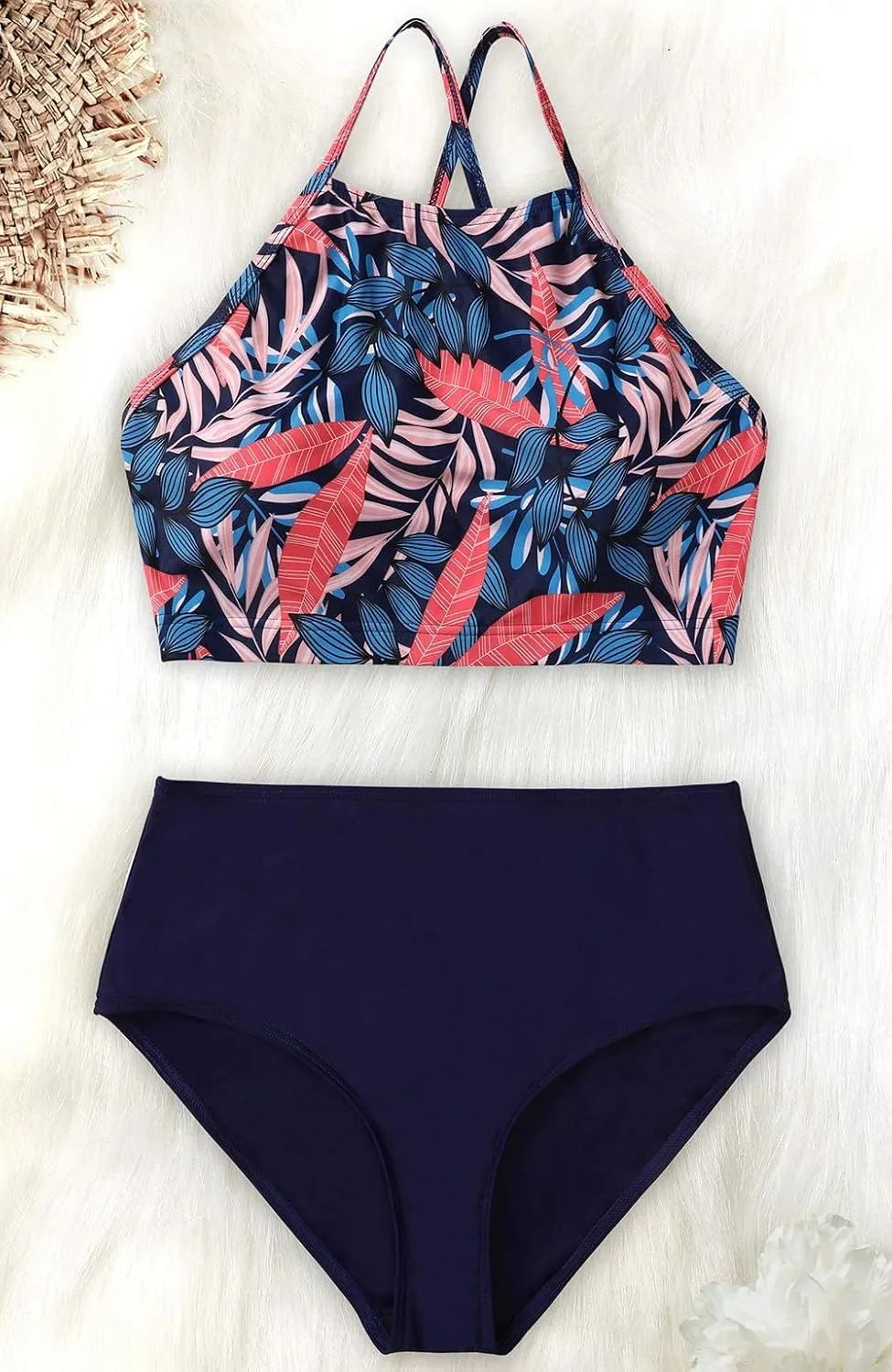 CharmLeaks Women's High Waisted Bikini Sets Sporty Two Piece Swimsuit Tummy Control Bathing Suit with Pockets