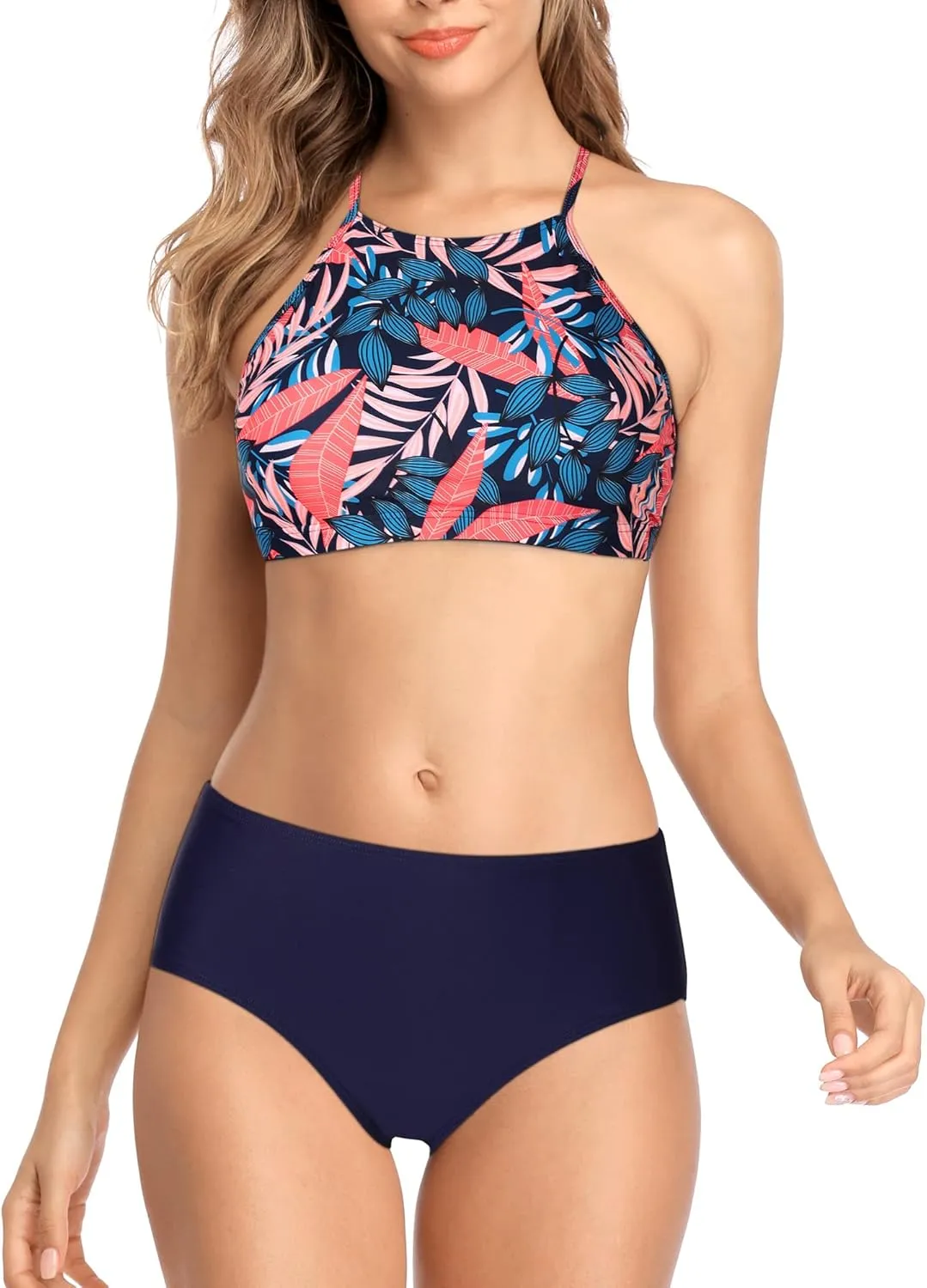 CharmLeaks Women's High Waisted Bikini Sets Sporty Two Piece Swimsuit Tummy Control Bathing Suit with Pockets