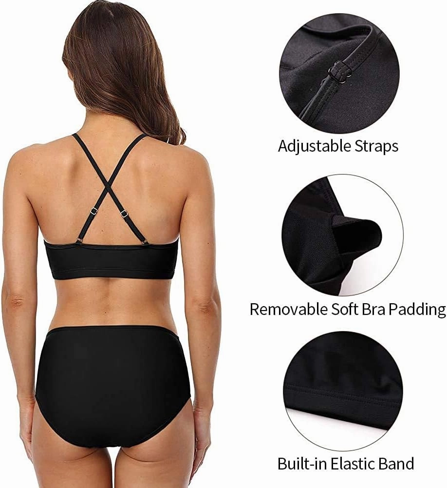 CharmLeaks Women's High Waisted Bikini Sets Sporty Two Piece Swimsuit Tummy Control Bathing Suit with Pockets