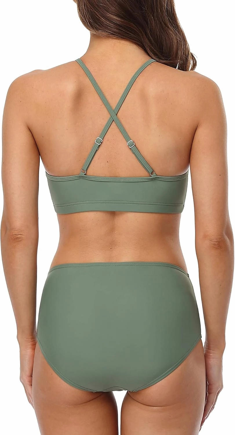 CharmLeaks Women's High Waisted Bikini Sets Sporty Two Piece Swimsuit Tummy Control Bathing Suit with Pockets