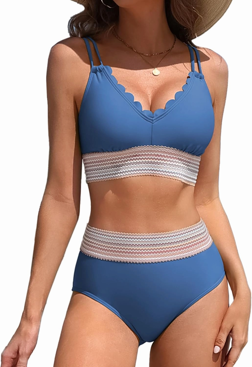 Charmo Women's Scalloped Bikini Sets High Waisted Two Piece Swimsuits Sporty Color Block High Cut Bathing Suit
