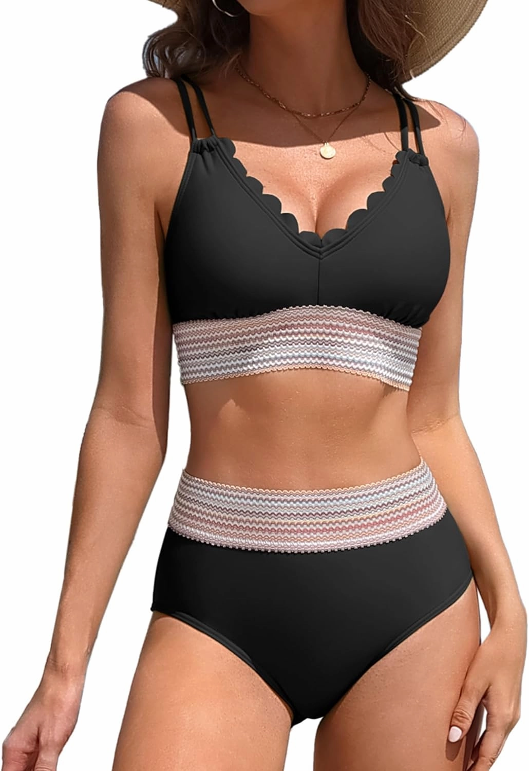 Charmo Women's Scalloped Bikini Sets High Waisted Two Piece Swimsuits Sporty Color Block High Cut Bathing Suit
