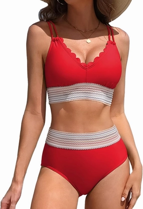 Charmo Women's Scalloped Bikini Sets High Waisted Two Piece Swimsuits Sporty Color Block High Cut Bathing Suit