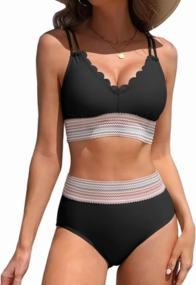 Charmo Women's Scalloped Bikini Sets High Waisted Two Piece Swimsuits Sporty Color Block High Cut Bathing Suit