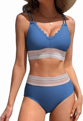 Charmo Women's Scalloped Bikini Sets High Waisted Two Piece Swimsuits Sporty Color Block High Cut Bathing Suit