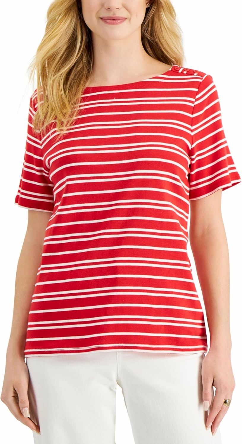 Charter CIub Womens Cotton Striped Top Red Barn Combo XL