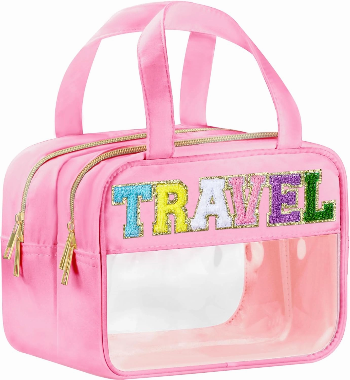 Chenille Letter Clear Travel Bags, Makeup Bag for Travel, Preppy Patch Nylon Cosmetic Bag with Handles and Zipper, Waterproof Large Clear Travel Toiletry Bag Storage Bag for Women Pink