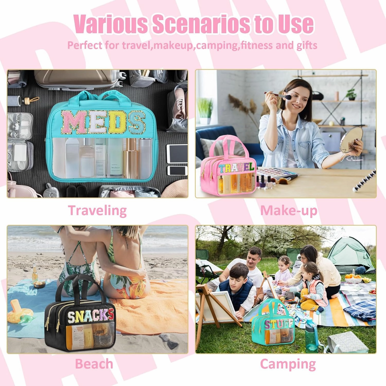 Chenille Letter Clear Travel Bags, Makeup Bag for Travel, Preppy Patch Nylon Cosmetic Bag with Handles and Zipper, Waterproof Large Clear Travel Toiletry Bag Storage Bag for Women Pink