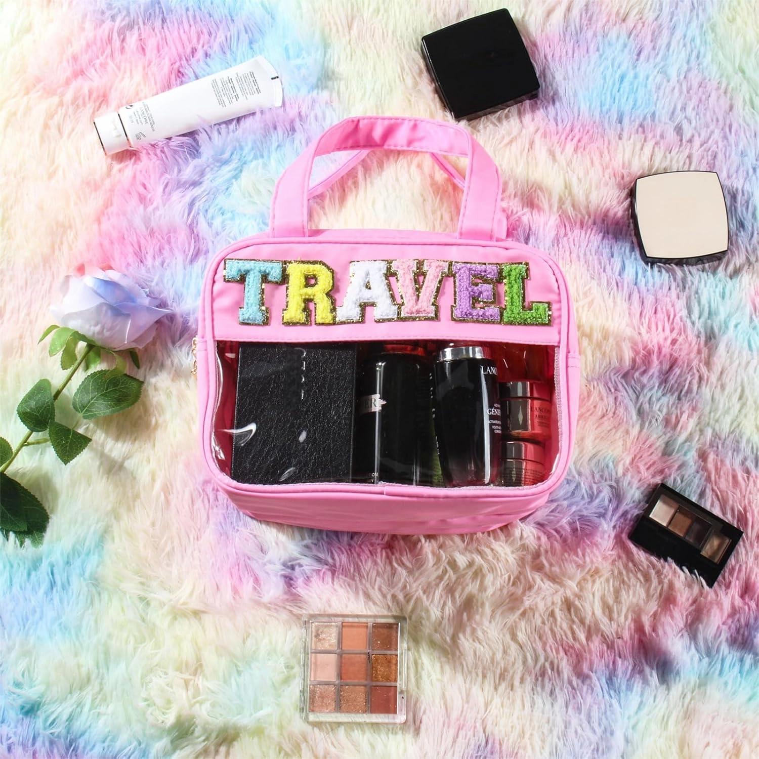 Chenille Letter Clear Travel Bags, Makeup Bag for Travel, Preppy Patch Nylon Cosmetic Bag with Handles and Zipper, Waterproof Large Clear Travel Toiletry Bag Storage Bag for Women Pink